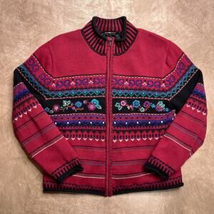 Vintage 90s Floral Embroidered Fair Isles Striped Knit Sweater Zip Up Multicolor